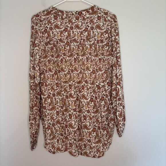 KNOX ROSE Top Women's Small Ivory Brown Hi Lo Hem V-Neck Smocked Tunic Paisley - Picture 5 of 5
